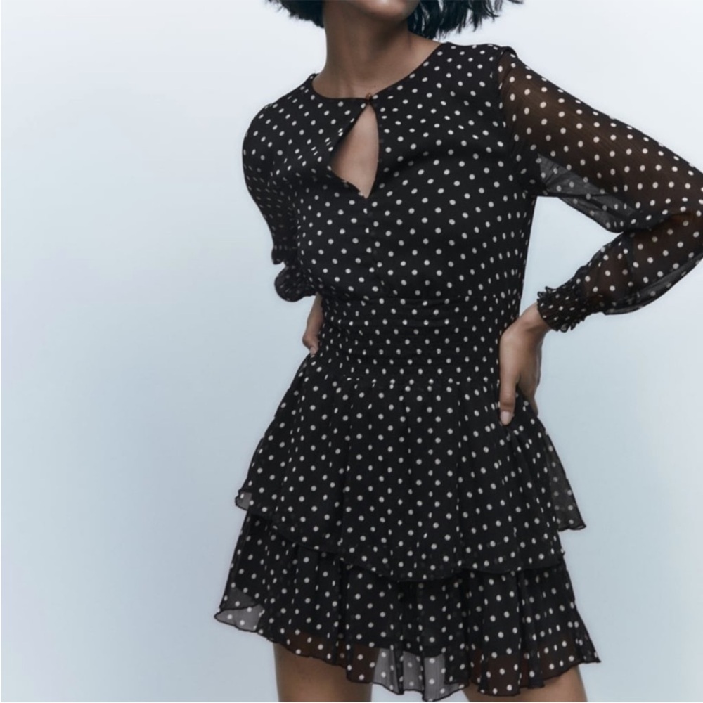 NWT Zara Black and White Polka Dot Long Sleeve Ruffle Mini Dress